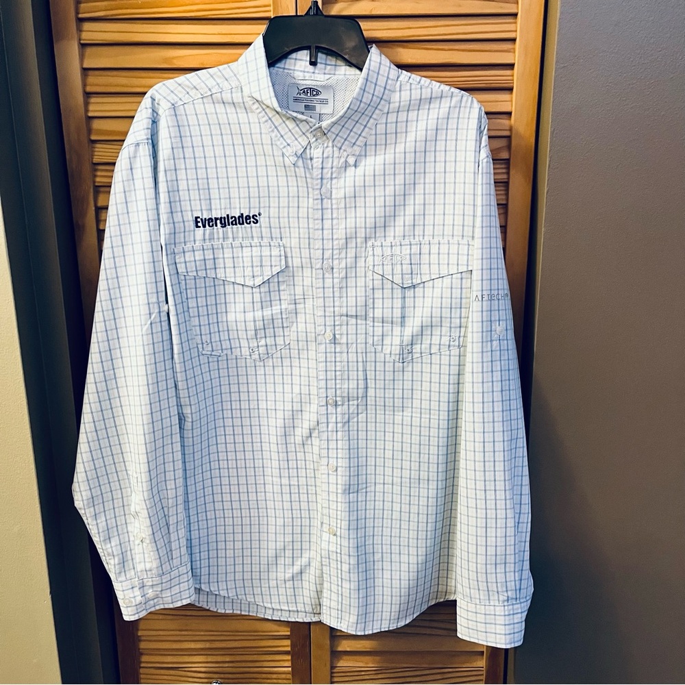 AFTCO Shirt Mens L White Long Sleeve Button Up Plaid Fishing Casual Polyester